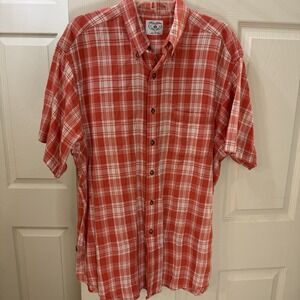 BROOKS BROTHERS LARGE SHORT SLEEVE ORANGE PLAID 100% COTTON MENS POCKET 42 TO 44